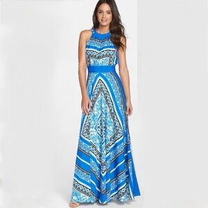 Eliza J Blue Scarf Print Halter Maxi‎ Dress Tile Geometric Floral Size 2